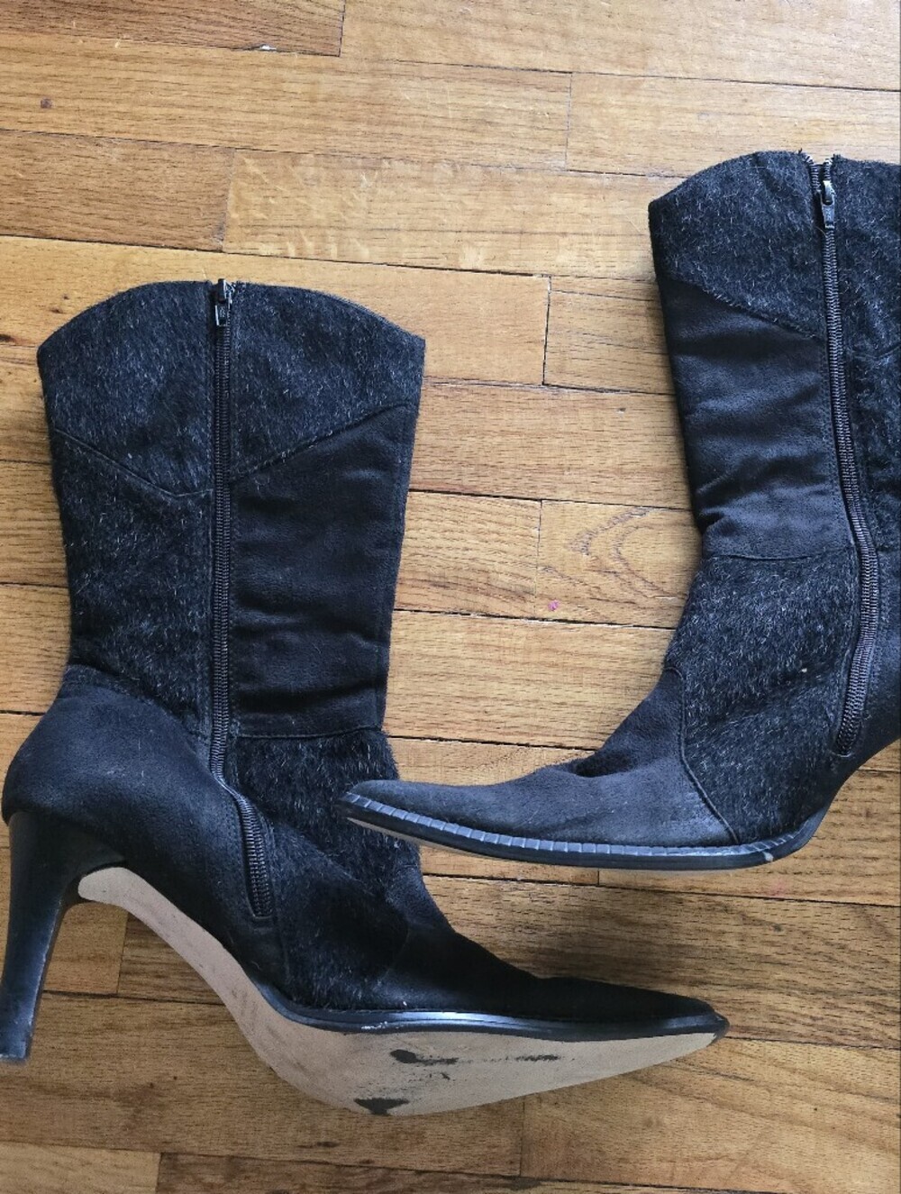 Stefani Collection Heeled Boots Womens 11 Black Pointed Toe Patchwork Suede